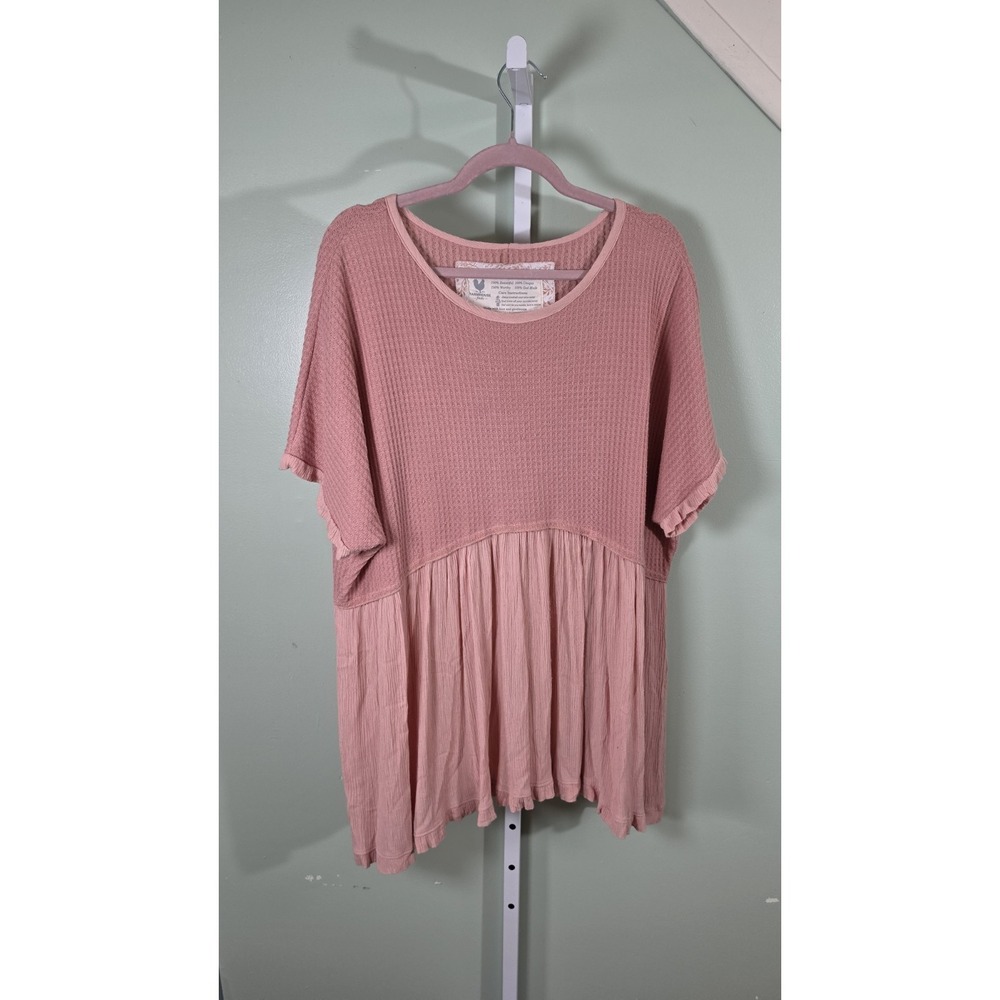 Farmhouse Frocks Lena Frock Tunic Waffle Knit Mixed Media Oversized Pink Size M